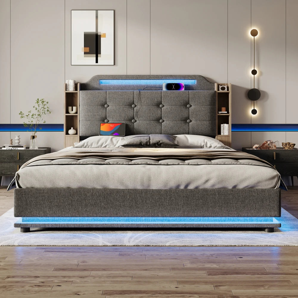 140*200cm Polsterbett mit LED-Lichtleiste und mehreren Ablagefächern, für Schlafzimmerwäsche, Beige (ohne Matratze)