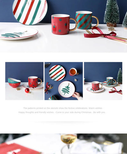 1pc Merry Christmas Ceramic Dinner Dish Plate Set Mug Dessert Cake Pastry Fruit Serving Plate Decorative Tableware.
