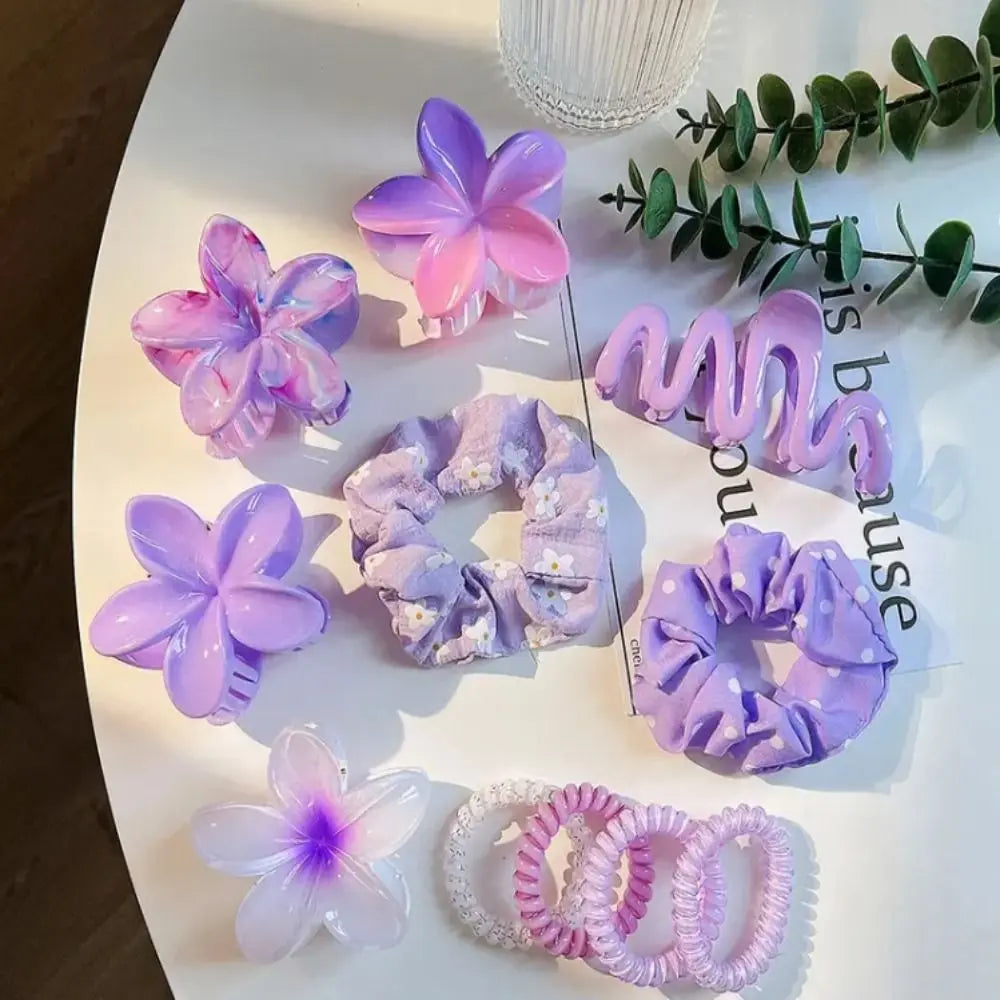 11pcs/Set Fashion Plumeria Hawaiian Hair Clamps Set Colorful Elastic Flowers Hair Clips Rubber Band Hair Rope Hair Accessories.