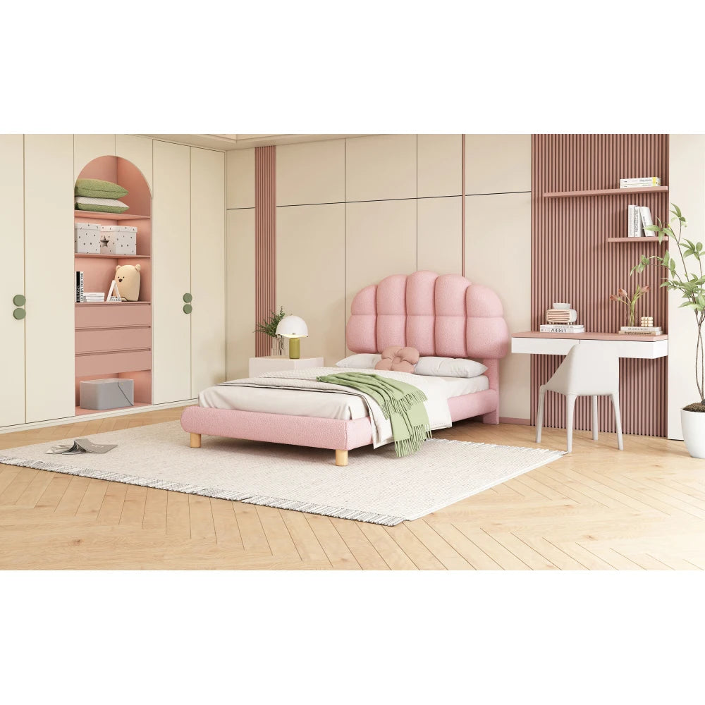 Modernes 90x200cm Einzelbett, Kinderbett, Jugendbett, Polsterbett, Holzgittergrill, Fleeceimitation, Weiß und Rosa