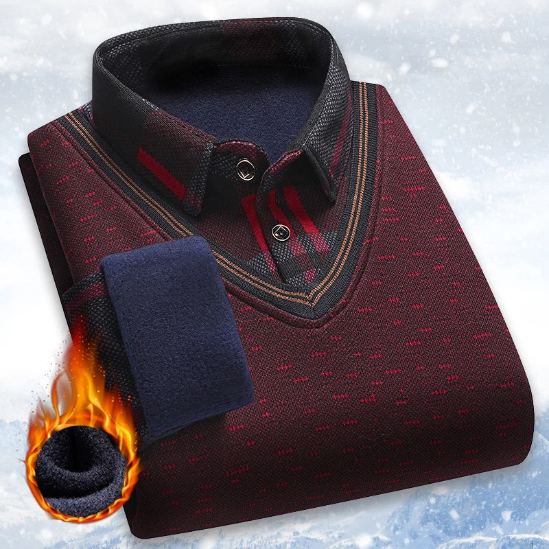 New Autumn Winter Sweaters Men's Velvet Pullover Knitted Bottom Shirts Men's Polo Pullover Wine Red Fleeced Knitwear.