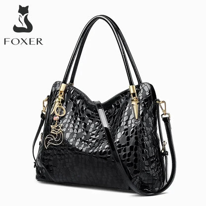 FOXER Women Natural Cow Leather Handbag Large Capacity Classic Black Genuine Leather Tote Lady Stylish Sequin Shoulder Bag.