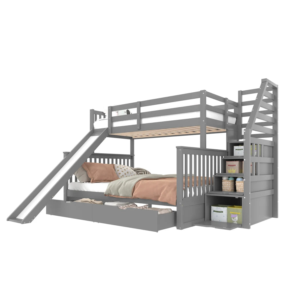 Etagenbett 90 x 200 über 140 x 200 mit Schubladen, Stauraum und Rutsche, multifunktional, Grau (ohne Matratze)