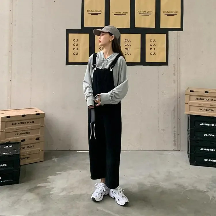 Jumpsuits Women Solid Retro Japanese Style Streetwear Denim Suspenders Trousers Harajuku Stylish Hip Hop Straight Overalls Teens
