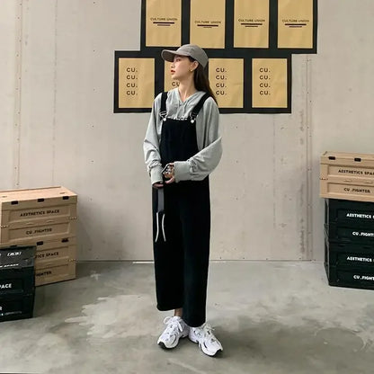 Jumpsuits Women Solid Retro Japanese Style Streetwear Denim Suspenders Trousers Harajuku Stylish Hip Hop Straight Overalls Teens