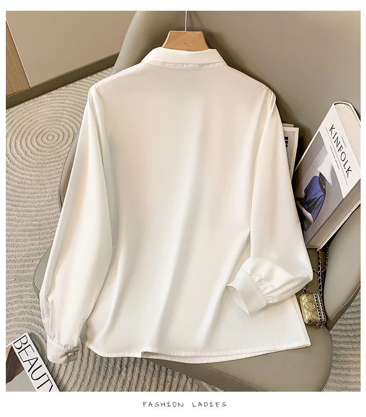 Loose Long Sleeve V-Neck Work Shirt for Women Plus Size Women's Blouses Fashion Versatile Autumn Bow Tops Trendy Business Shirts.