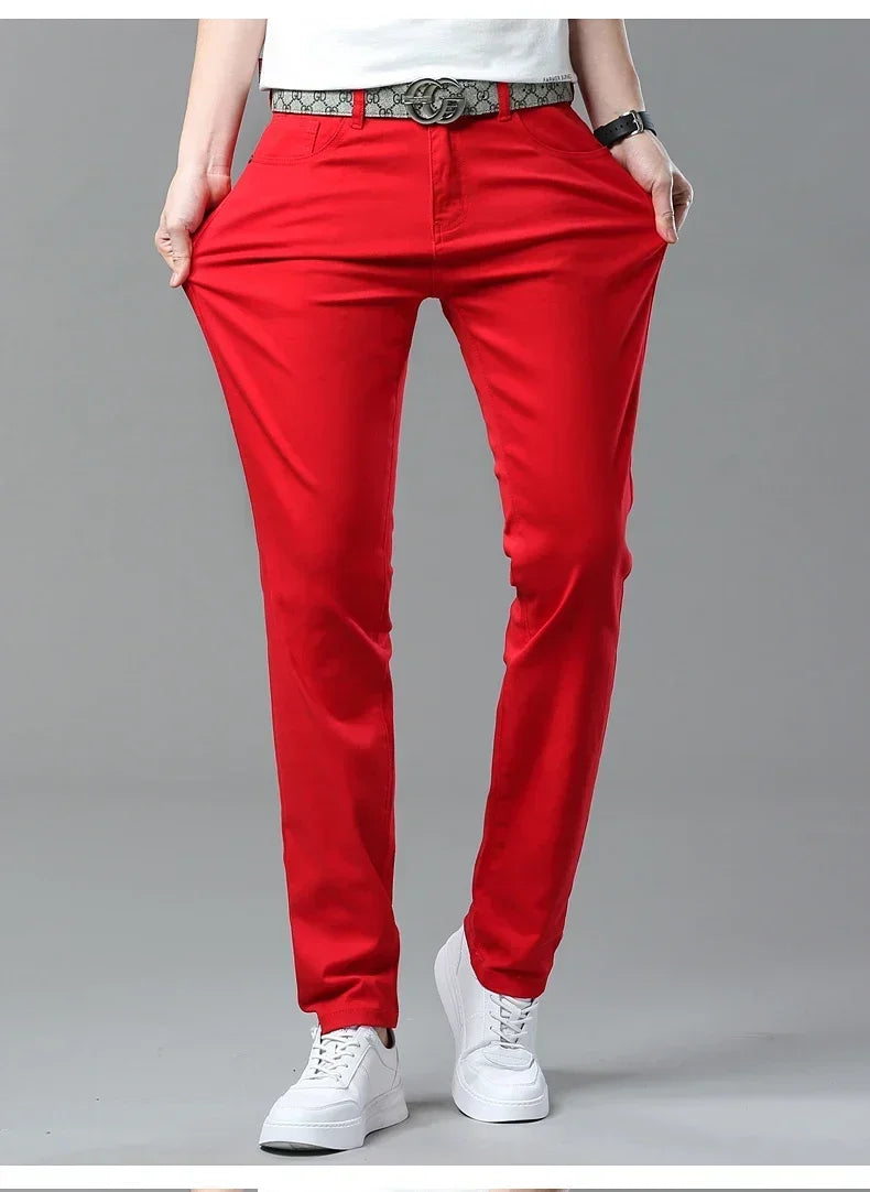 98% Cotton 4 Colors Stretchy Jeans Men's Mid-waist Straight Pencil Denim Trousers Brand Clothing Personality Fashion Male Pants.