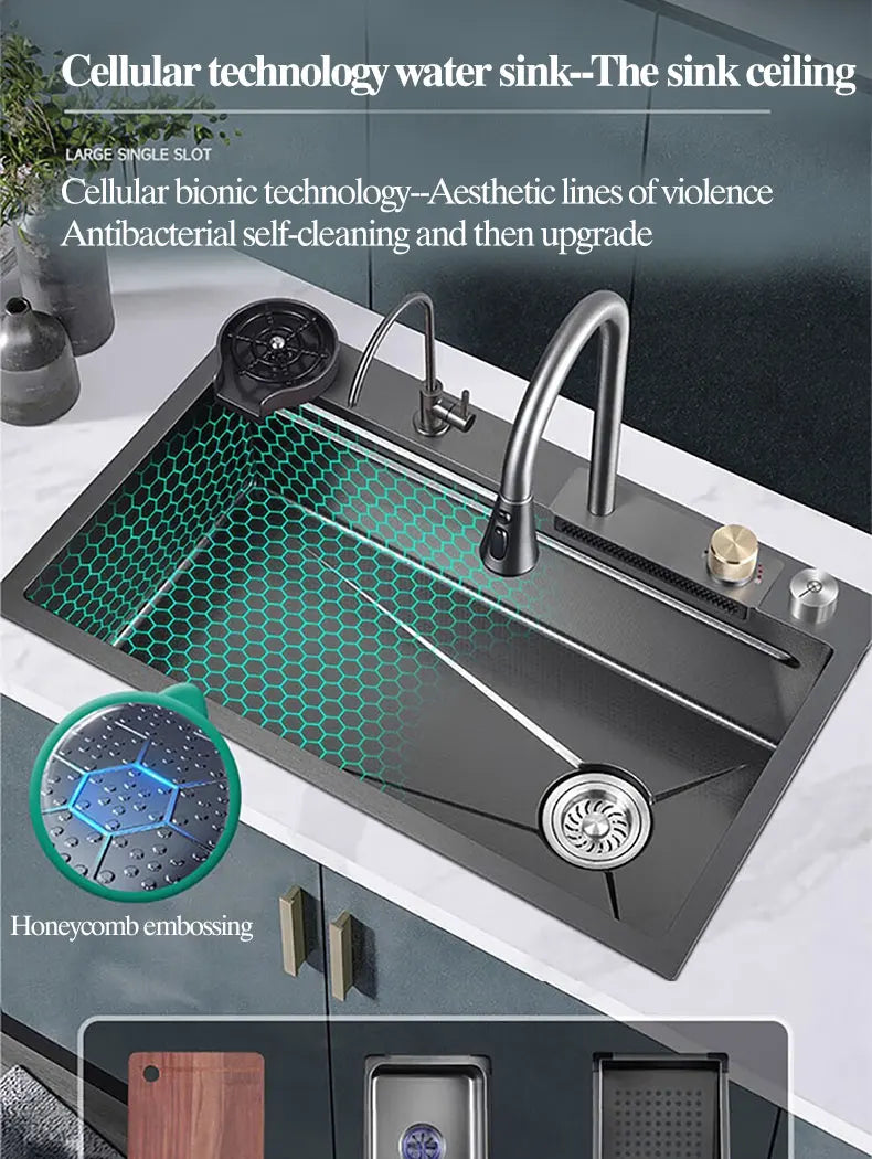 Kitchen Sink 304 Stainless Steel Rain Waterfall Single Trough Honeycomb Large Single Trough Washing Basin