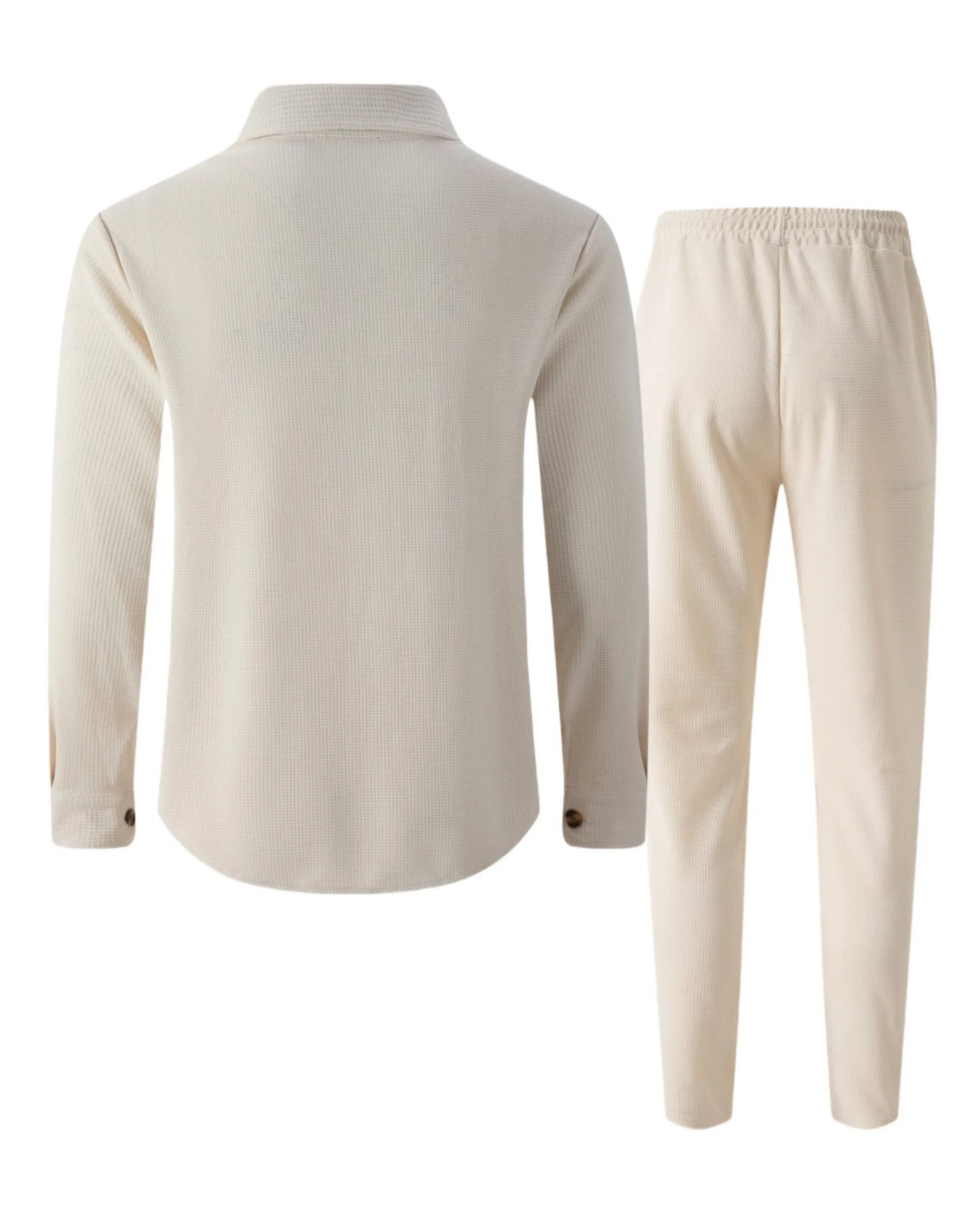 New autumn style waffle long-sleeved solid-color double-pocket buttoned cardigan shirt and pants set.