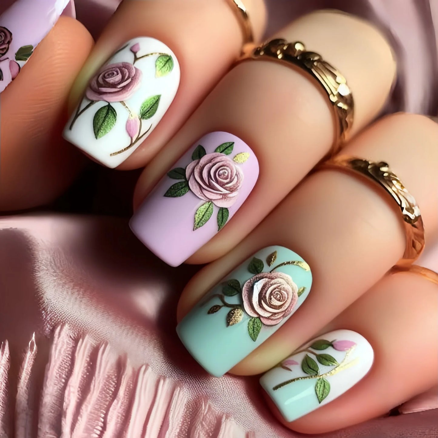 24pcs 3D Flower Press on Nails French Square False Nails Wearable Stick-on Nail Fake Nails Uñas Postizas Накладные Ногти 네일팁