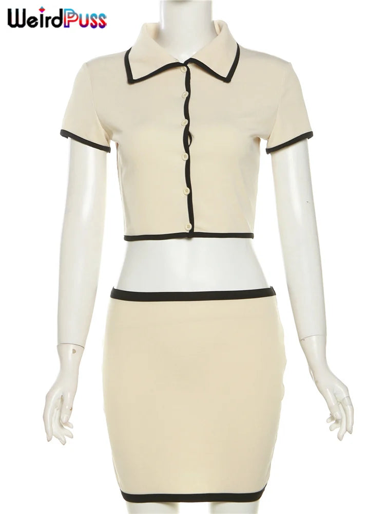 Weird Puss geripptes 2-teiliges Damen-Set, Polo-Ausschnitt, Knopf-Shorts, bauchfreie Tops + Miniröcke, passende Stretch-elegante Streetwear-Outfits.