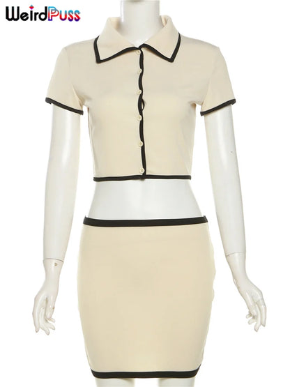 Weird Puss geripptes 2-teiliges Damen-Set, Polo-Ausschnitt, Knopf-Shorts, bauchfreie Tops + Miniröcke, passende Stretch-elegante Streetwear-Outfits.