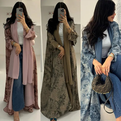 2025 sommer Arabisch Frauen Muslimische Kleidung Ramadan Dubai Offene Abaya Kleid mit Hijab Islam Gedruckt Chiffon 2 Stück Outfit.