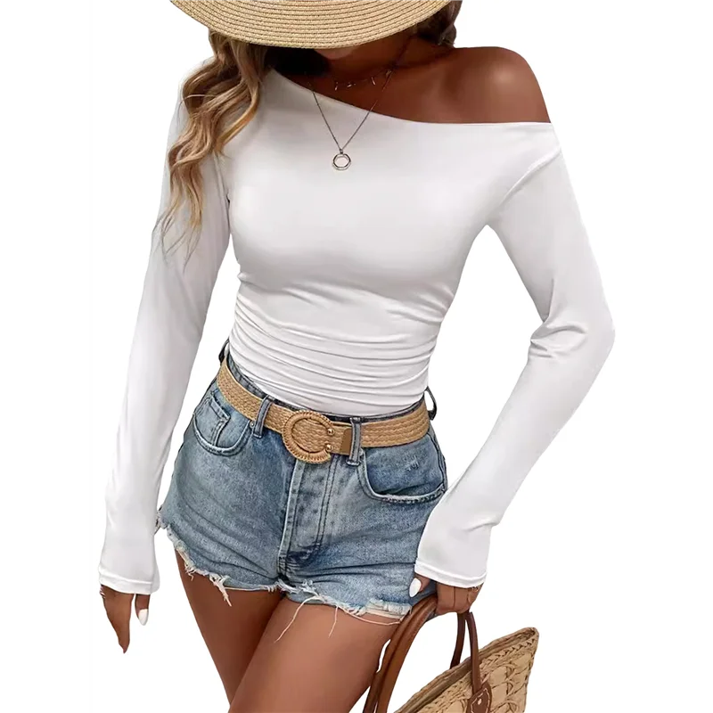 NEW-Women's Casual Long Sleeve Boat Neck Off Shoulder Slim Fit Crop Top Going Out Blouses Y2K Tight Shirts.