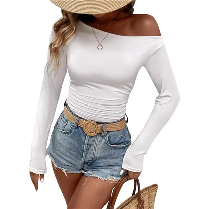 NEW-Women's Casual Long Sleeve Boat Neck Off Shoulder Slim Fit Crop Top Going Out Blouses Y2K Tight Shirts.