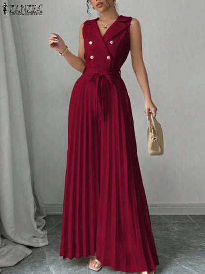 Fashion Women Jumpsuits 2025 ZANZEA Summer Rompers Elegant Wide Leg Work OL Overalls V Neck Sleeveless Pleated Playsuit Trousers