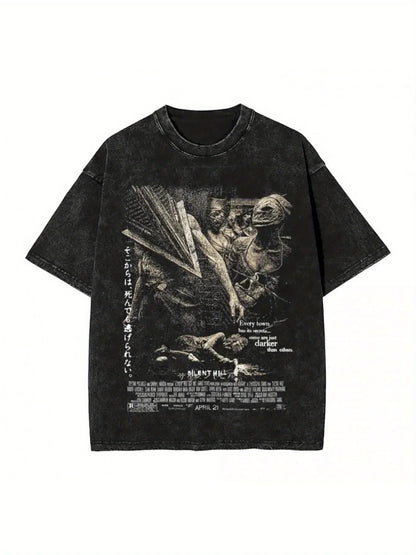 Silent Hill Washed T Shirt Streetwear Hip Hop Vintage T-Shirts Horror Movie Game Tees Tops Men Women Cotton Harajuku Printed.