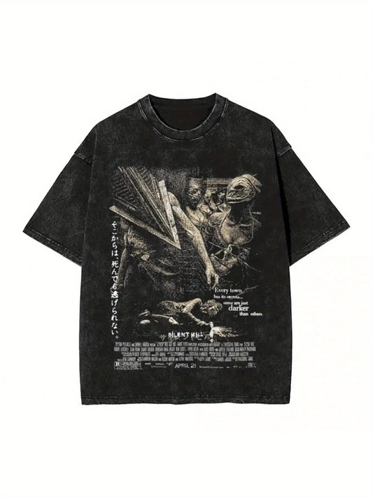 Silent Hill Washed T Shirt Streetwear Hip Hop Vintage T-Shirts Horror Movie Game Tees Tops Men Women Cotton Harajuku Printed.