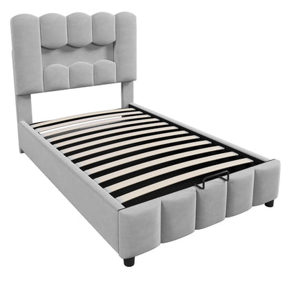 Modernes Polsterbett, 90 x 200 cm, ohne Matratze, LED-Beleuchtung, mit hydraulischem Gerät, verstellbarer Kopfteil, Samt, Grau