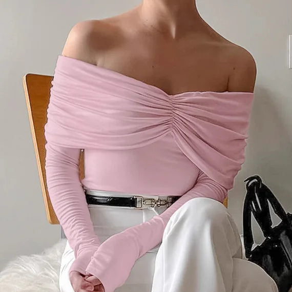 Talenza Sexy Ruched Top Women's One-Shoulder Long Sleeve Backless Solid Pullover Top Summer Female Office Lady Casual Top Women.