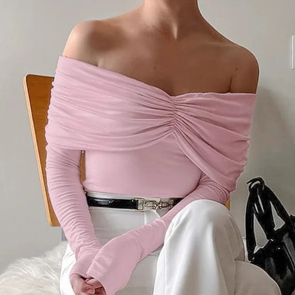 Talenza Sexy Ruched Top Women's One-Shoulder Long Sleeve Backless Solid Pullover Top Summer Female Office Lady Casual Top Women.