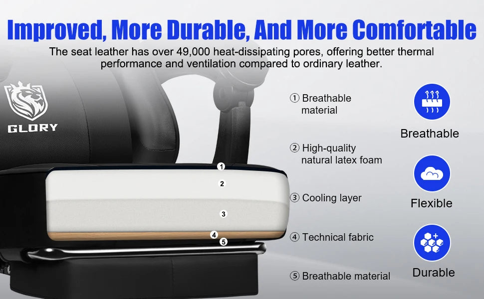 Daccormax Ergonomischer Gaming-Stuhl mit verstellbarer Lordosenstütze und Kopfstütze, Design mit hoher Rückenlehne + faltbarer Fußstütze für PC-Gamer