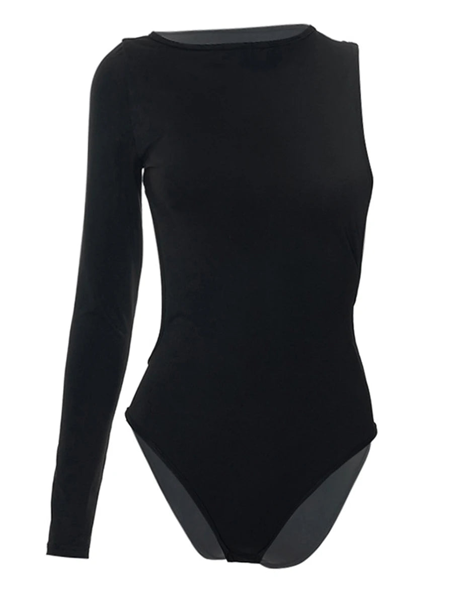 Women Spring Summer One-Side Long Sleeve Off Shoulder Backless Solid Color Casual Party Bodysuit Black Tops.