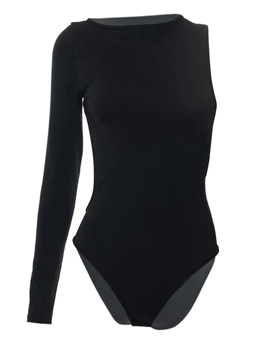 Women Spring Summer One-Side Long Sleeve Off Shoulder Backless Solid Color Casual Party Bodysuit Black Tops.