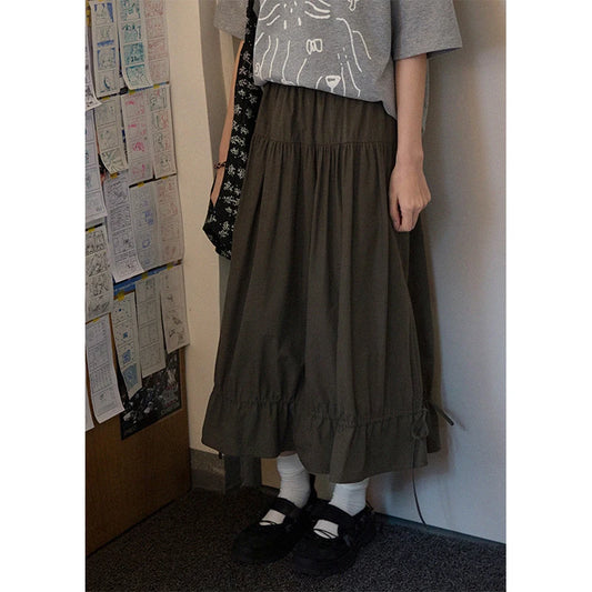 Vintage Black Midi Skirt Women Japanese Harajuku Drawstring Bud Skirts Summer Streetwear Korean Casual Design A Line Faldas New.