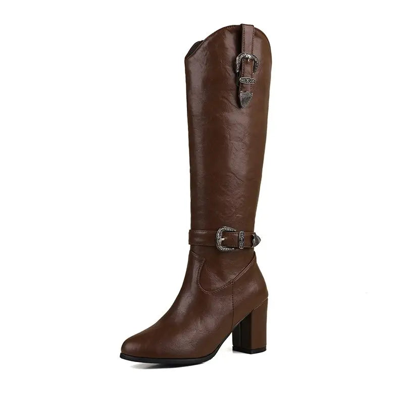 Girseaby British Style Women Knee High Boots Round Toe Block Heel 7.5cm Zipper Plus Size 51 52 Fashion Riding Bota.