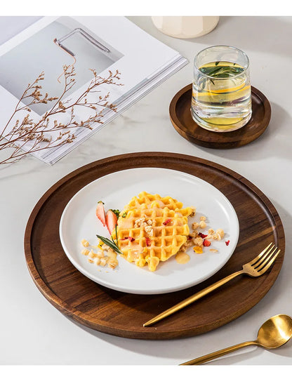 Solid Wood Circular Tray Japanese Style Western Household Tea Dessert Coffee Plate Cross-Border Design.