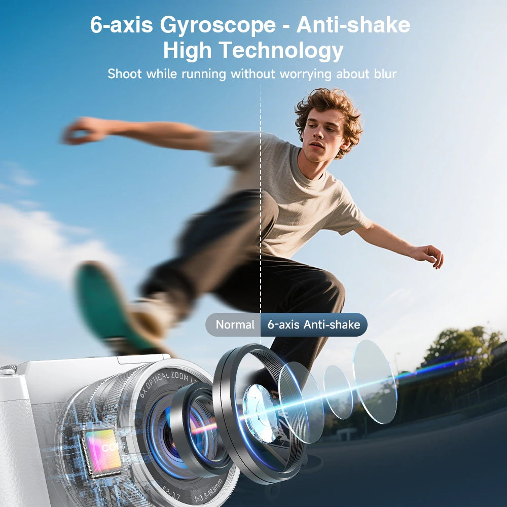 5K 64MP WiFi Digital Camera, 6X Optical Zoom, 30FPS Vlogging Camera, Rear & Front Cameras for Photography and Video, 64GB Card.