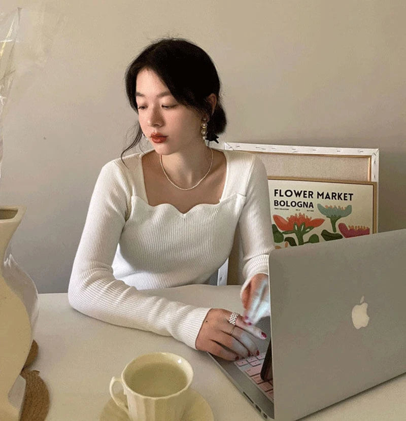 Gestrickte Pullover Frauen Vintage Solide Pullover Herbst Winter Koreanische Elegante Dünne Strickwaren Quadrat Kragen Alle Spiel Jumper Neue.