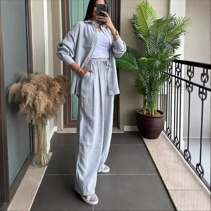 Casual Loose Shirt And Pants Two Piece Sets Women Fashion Solid Long Sleeve Shirts Outfits Autumn Winter Wide Leg Pants Sets.