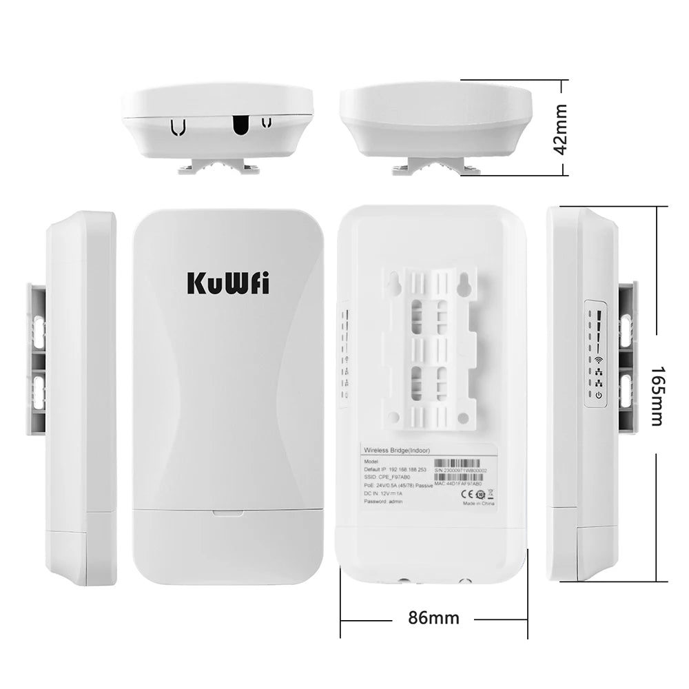 KuWfi 300Mbps Outdoor CPE Bridge 2.4G Wireless WiFi Bridge AP Repeater Mode Signal Amplifier PTP PTMP Up to 1KM WAN LAN 24V POE.