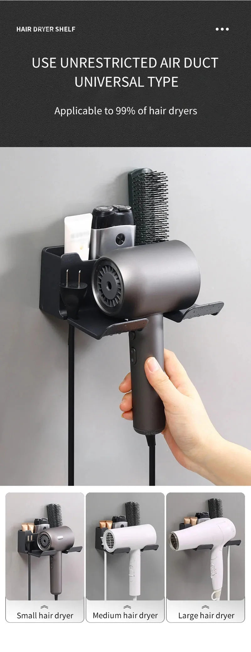 An der Wand montiertes, nicht perforiertes Haartrockner-Lagerregal. Aufbewahrungs- und Platzierungsregal für Badezimmer-Haartrockner. Multifunktionales Lagerregal