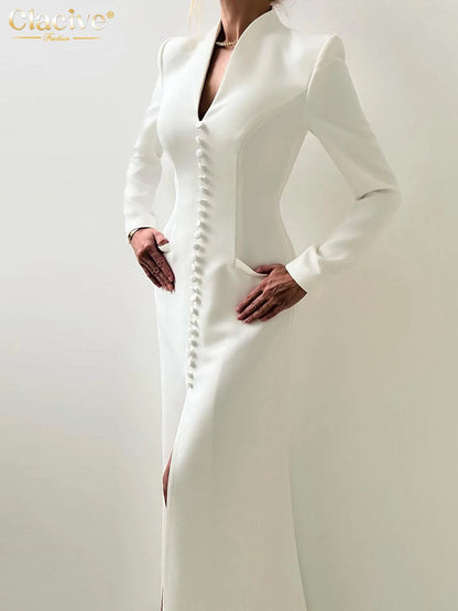 Clacive Sexy schlankes weißes Damenkleid 2025, modisches V-Ausschnitt, lange Ärmel, knöchellanges Kleid, elegantes, klassisches, geschlitztes Damenkleid