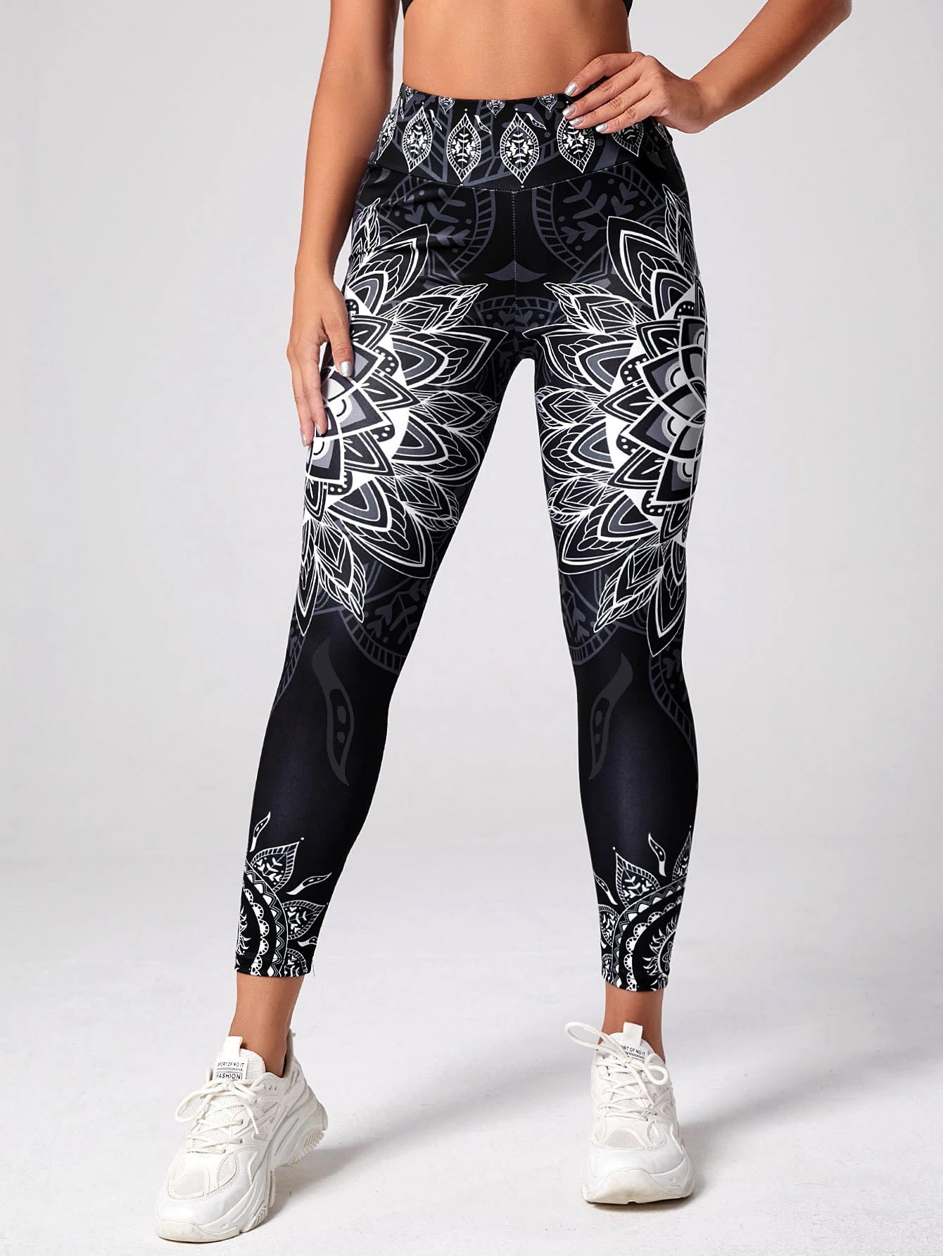 Lotus patterned high waisted leggings, suitable for yoga, running, and dancing as hip lifting sportswear - sporty and fashionabl.