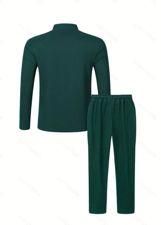 Men's Waffle Check Stand-Up Collar Semi-Casual Business Suit Two-Piece Set Button-Down Top with Comfortable Trousers.