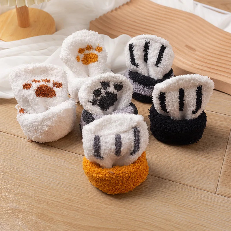 Women Socks Winter Warm Fluffy Socks Cute Animal Claw Cat Paw Footprint Fuzzy Socks Thicken Coral Fleece Home Floor Sleep Socks.