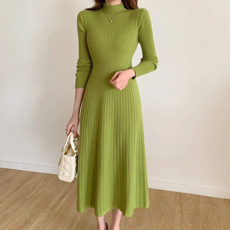 Herbst Winter 2023 Schlank Langarm Party Midi Kleid für Frauen Gestrickte Halb Hohen Kragen Elegante Gestrickte Pullover Kleider Damen.