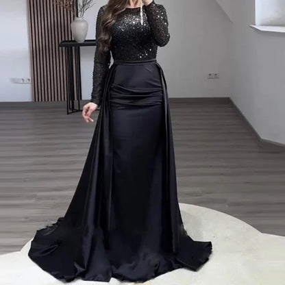 Elegant Satin Sequin Stitching Dress Luxury Glitter High Waist Gala Evening Dress Women Chic Long Sleeve Full Length Party Dress.