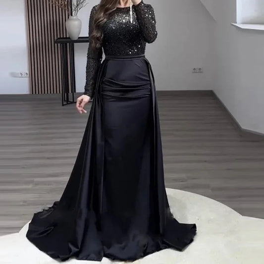 Elegant Satin Sequin Stitching Dress Luxury Glitter High Waist Gala Evening Dress Women Chic Long Sleeve Full Length Party Dress.