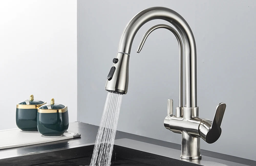 Quyanre Matte Black Filtered Crane For Kitchen Pull Out Spray 360 Rotation Water Filter Tap Three Ways Sink Mixer Kitchen Faucet