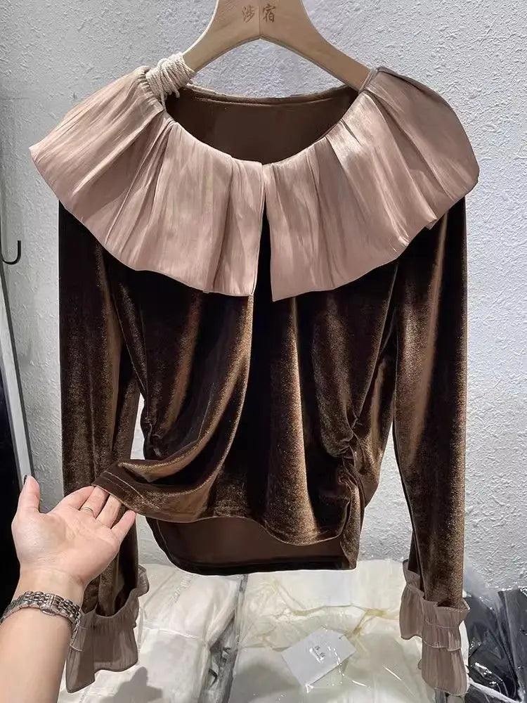 Autumn Korean Patchwork Solid Color Peter Pan Collar T-Shirts Female Temperament Ruffles T-Shirts Women Clothing All-match Tops.