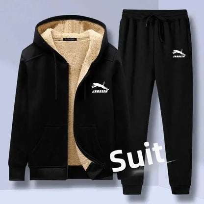 Men's Casual Thickened Fleece Lined Loose Fit Hoodie And Cardigan Set Warm Autumn Winter Clothing Sheepskin Velvet Outerwear.