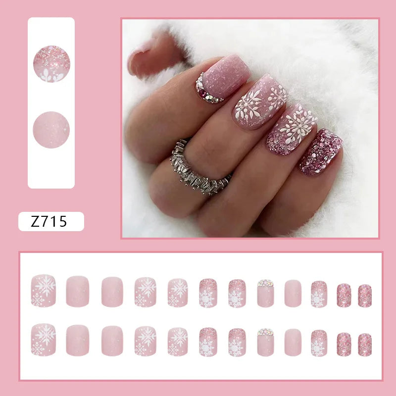 Short Square False Nails French Snowflake Glitter Drill Nail Art Full Cover Detachable Press on Nail Tips Christmas Fake Nails.