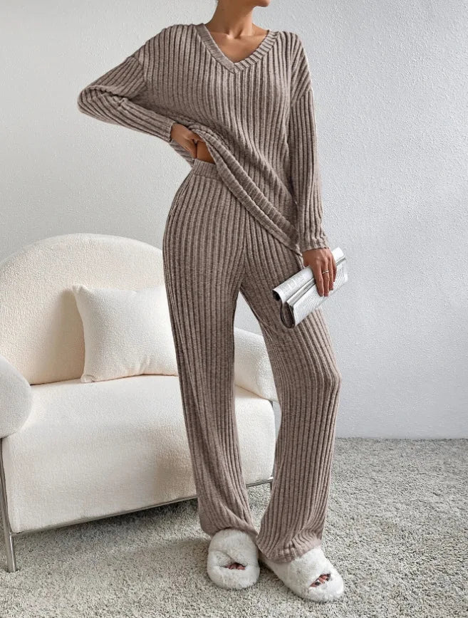 Autumn Winter Ribbed Knit Two Piece Set Womens V Neck Long Sleeve Top Wide Leg Pants Loungewear Casual Solid Color Outfit