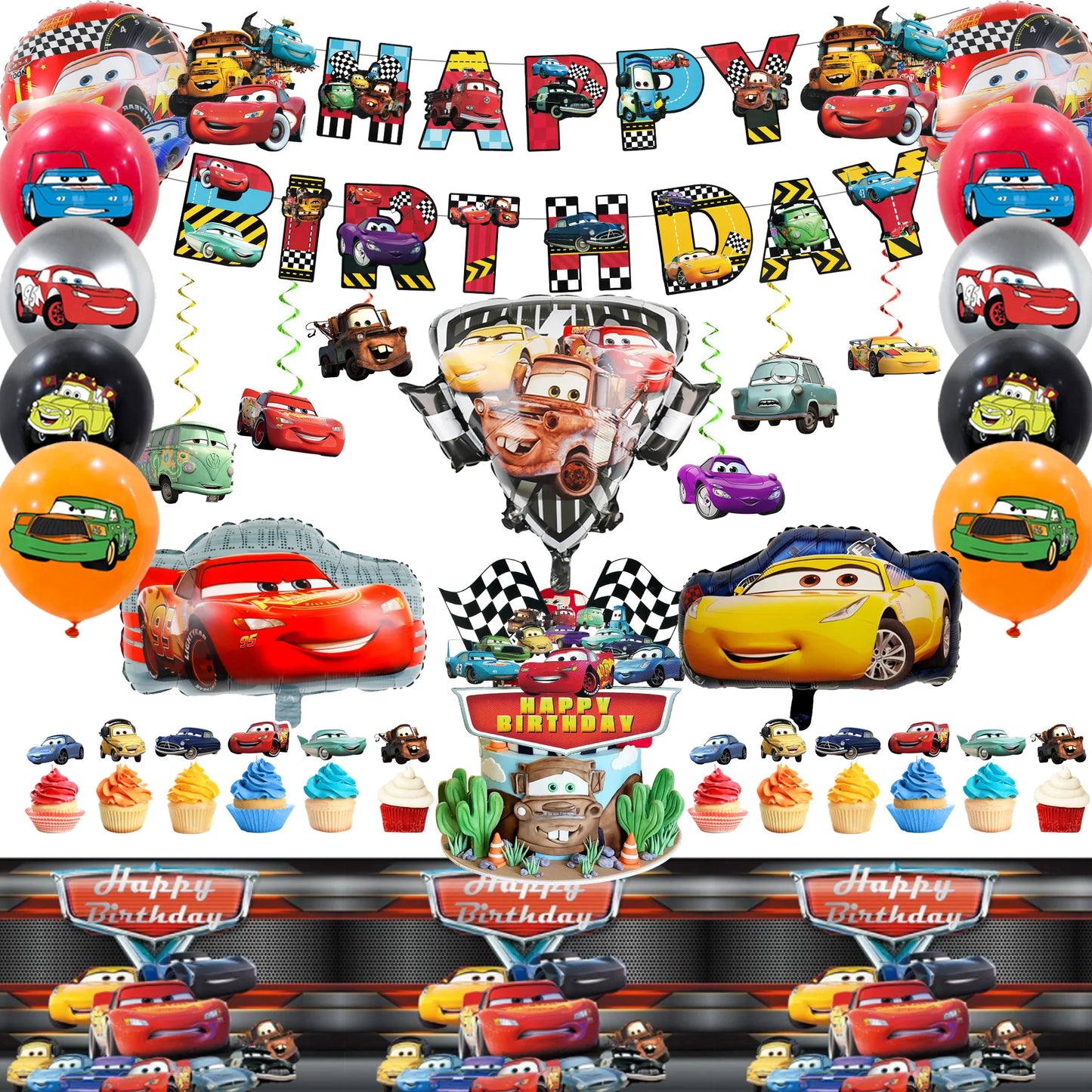 Lightning McQueen Partydekorationen, 38 Stück Lightning McQueen Partyzubehör – Auto-Banner, Tischdecke, Ballon usw. Partyzubehör für Autos.