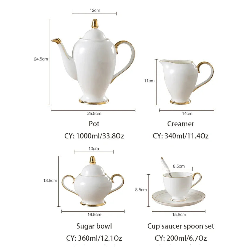 China Coffee Set White Gold Porcelain Tea Advanced Pot Cup Ceramic Mug Sugar Bowl Creamer Teapot Milk Jug Teaset.
